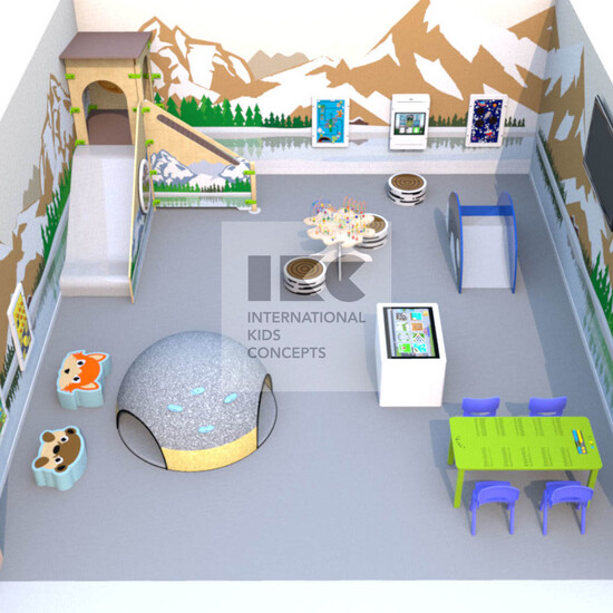 Проект детской комнаты для ресторана в современном стиле с альпийским пейзажем для детей от 1 года до 14 лет.